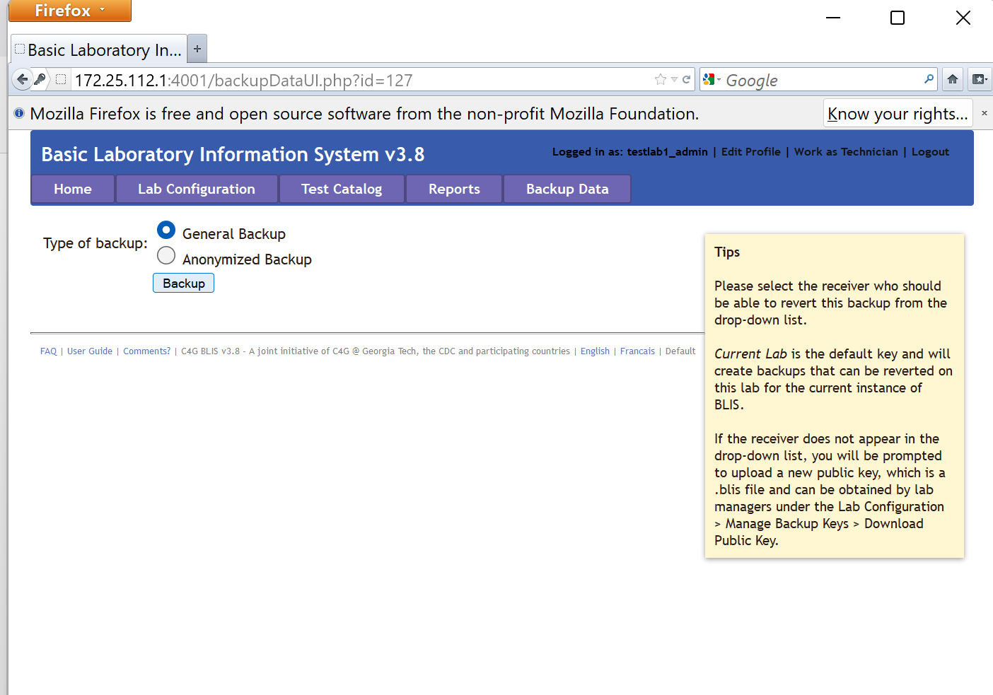 The BLIS homepage showing the "Backup Data" tab