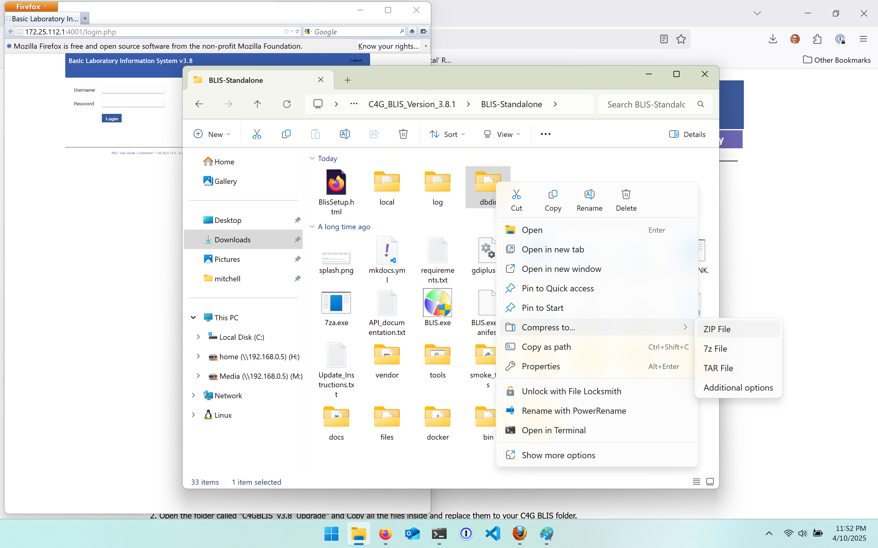 Right clicking the "dbdir" folder