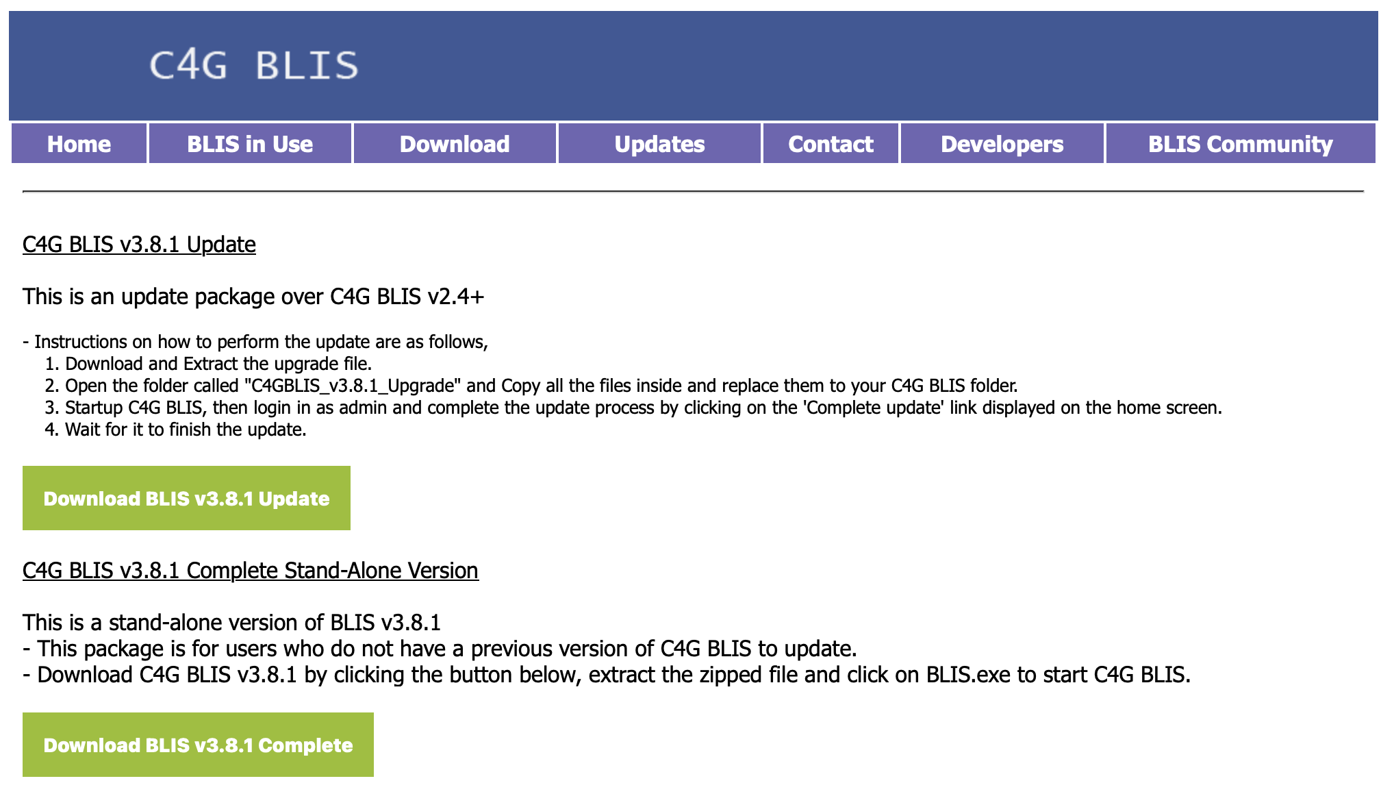 Screenshot of the download page on blis.cc.gatech.edu/download.php