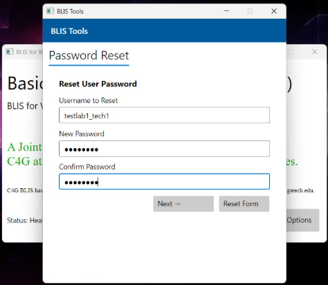 Enter username and new password